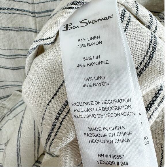 Ben Sherman Mens Linen Blend Button Down Shirt Striped Beige Blue Medium - Picture 5 of 7